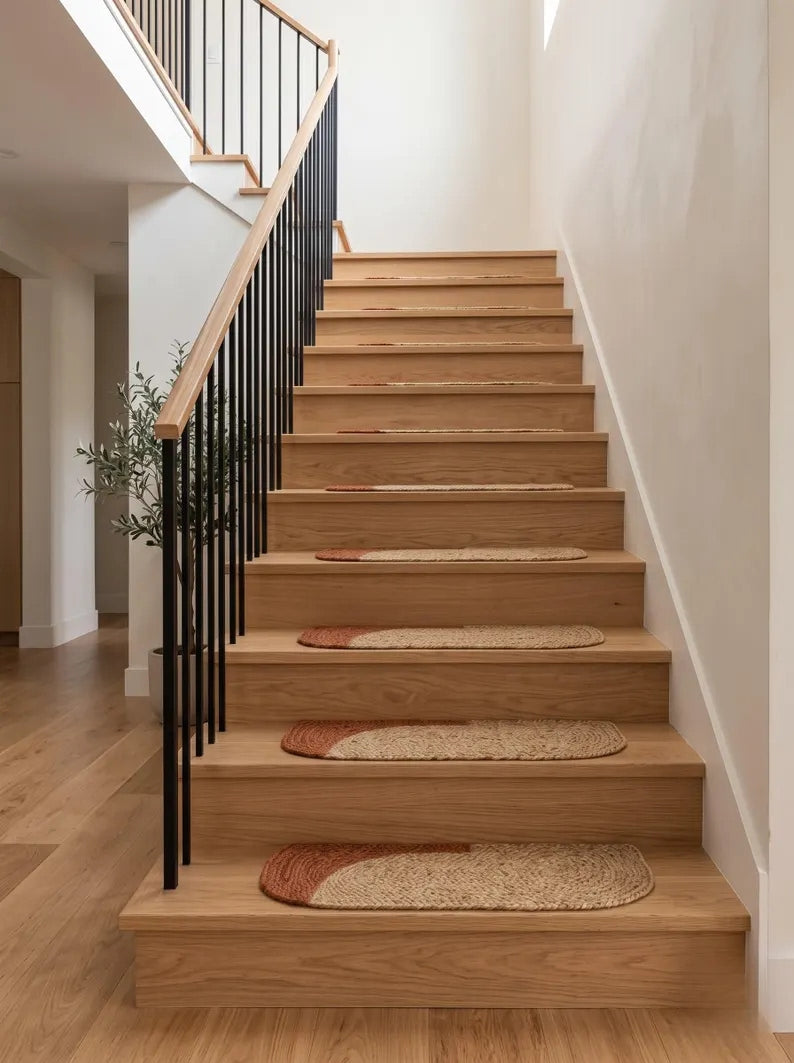 Handmade Pill Shape Jute Stair Treads Crescent Design Modern Farmhouse (Set)