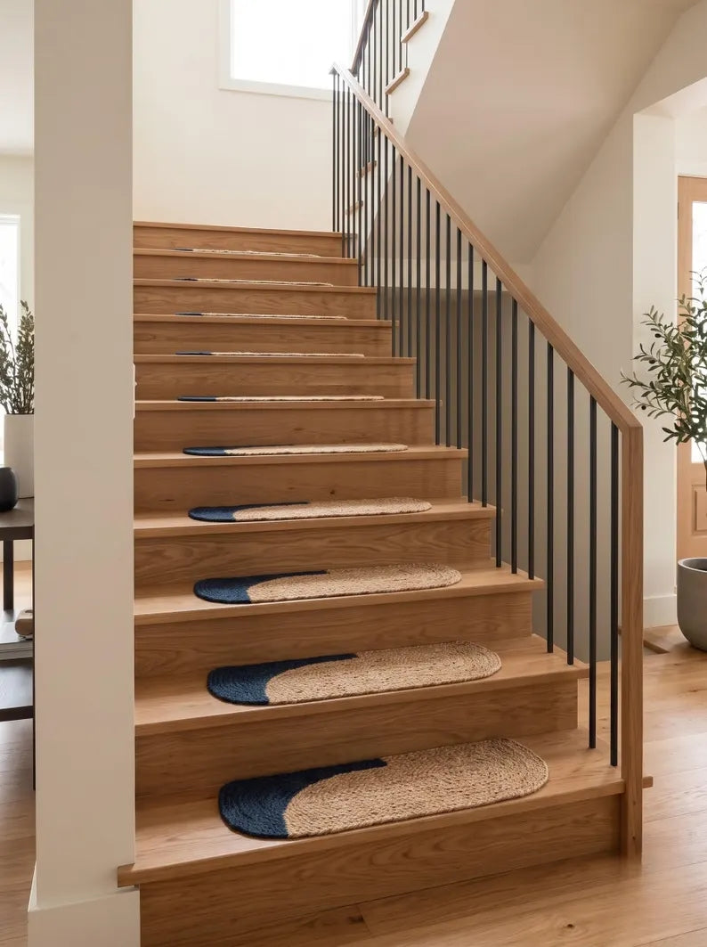 Handmade Pill Shape Jute Stair Treads Crescent Design Modern Farmhouse (Set)