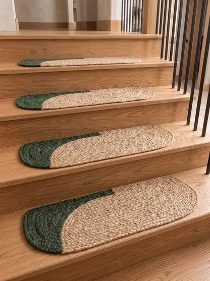 Handmade Pill Shape Jute Stair Treads Crescent Design Modern Farmhouse (Set)
