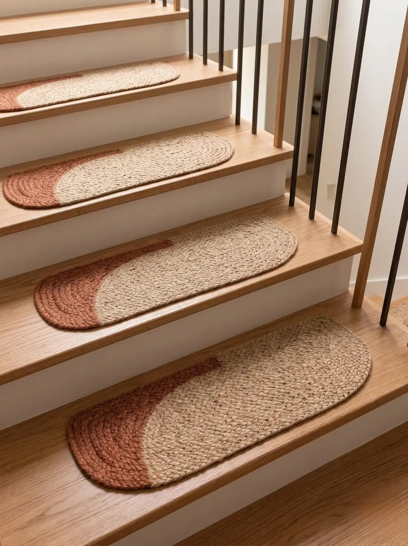 Handmade Pill Shape Jute Stair Treads Crescent Design Modern Farmhouse (Set)