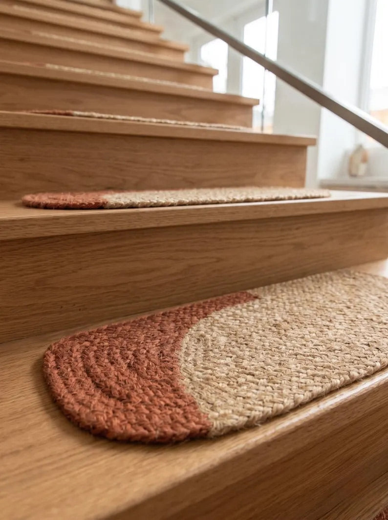 Handmade Pill Shape Jute Stair Treads Crescent Design Modern Farmhouse (Set)