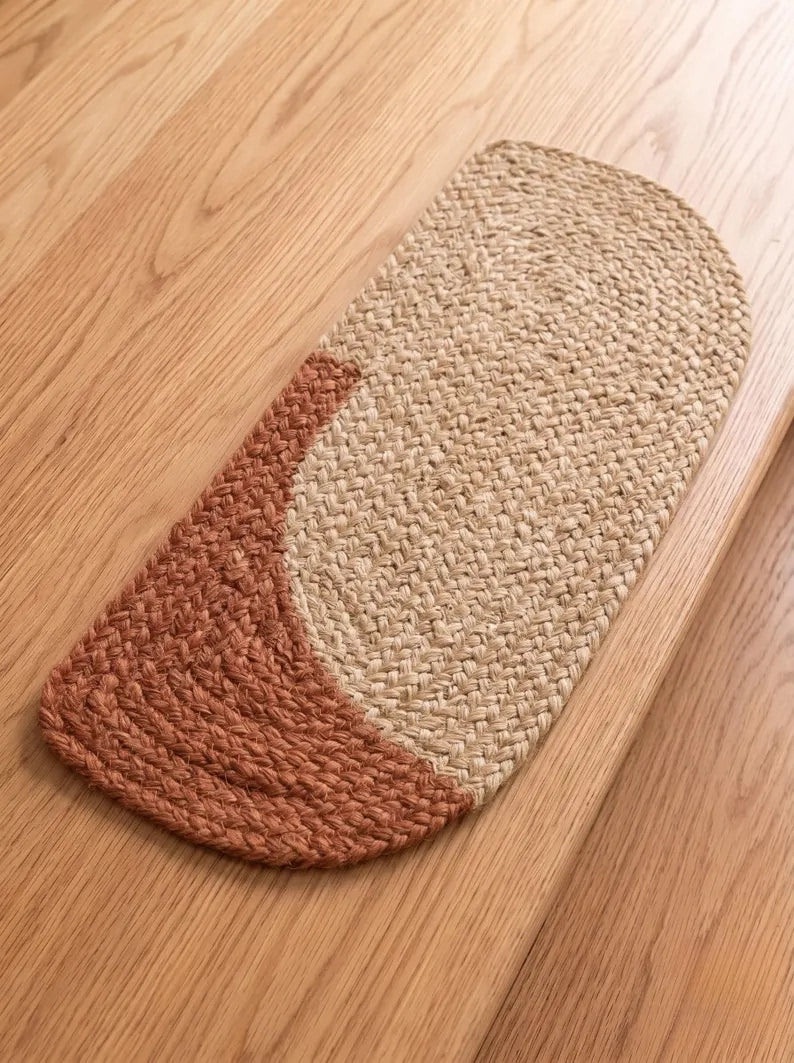 Handmade Pill Shape Jute Stair Treads Crescent Design Modern Farmhouse (Set)