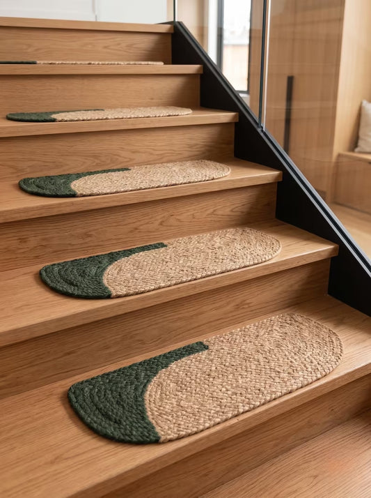 Handmade Pill Shape Jute Stair Treads Crescent Design Modern Farmhouse (Set)