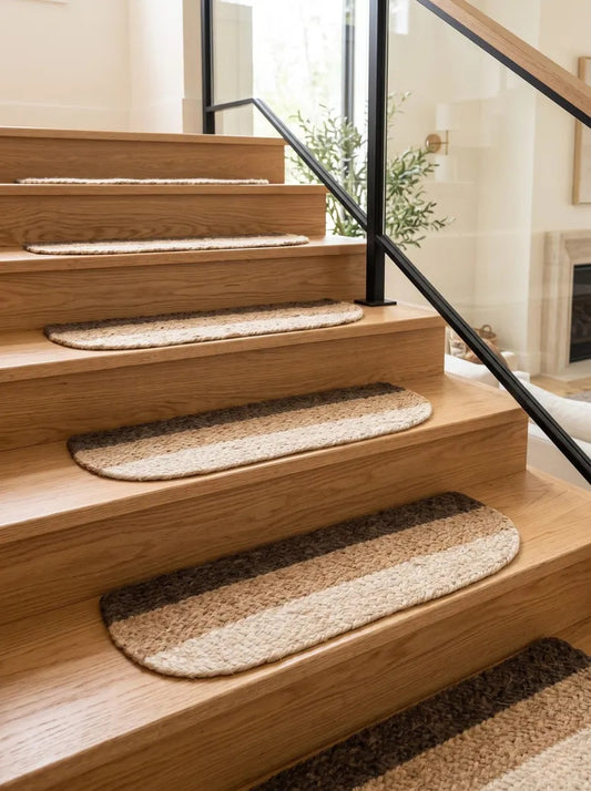 Handmade Three-Tone Jute Half Moon Stair Treads Set