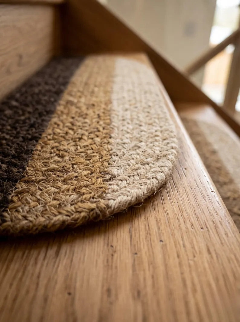 Handmade Three-Tone Jute Half Moon Stair Treads Set