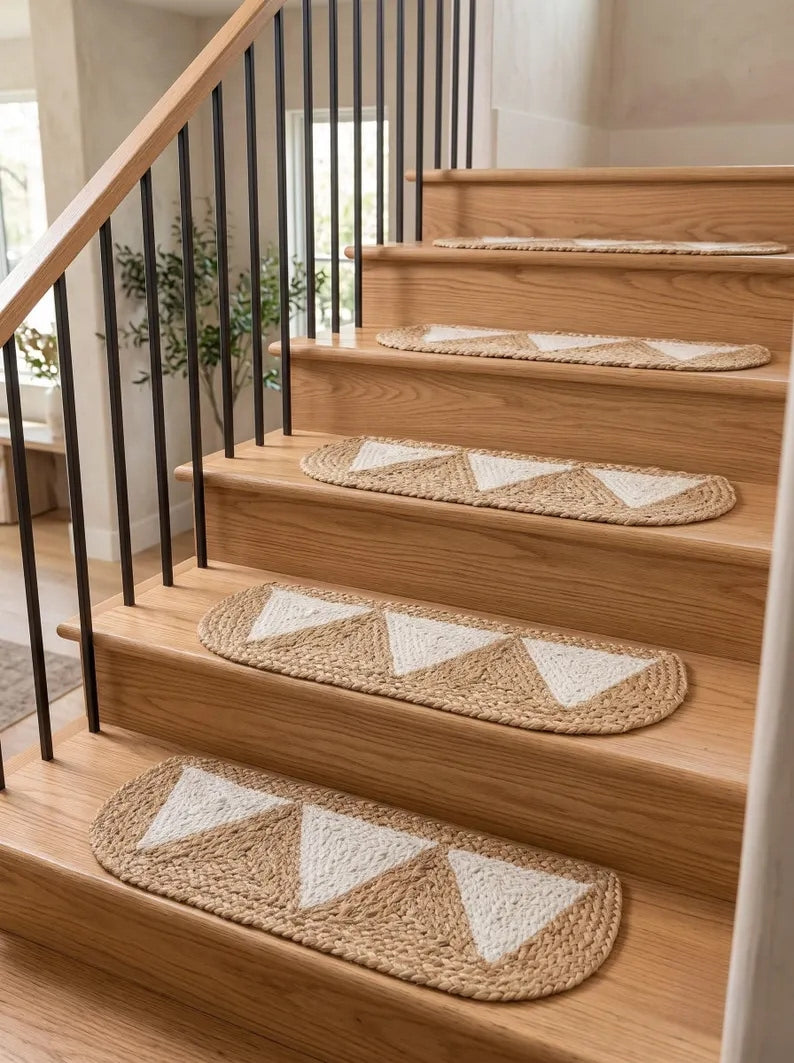 Handwoven Pearl White Pennant Triangle Jute Stair Rug Set