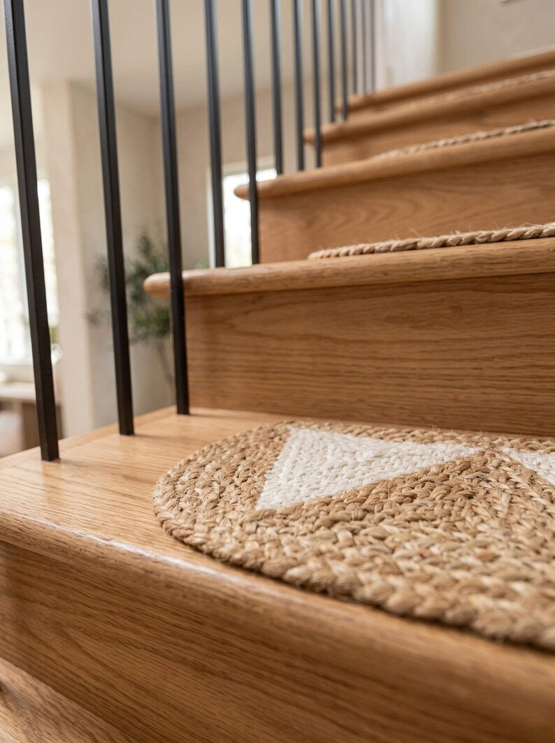 Handwoven Pearl White Pennant Triangle Jute Stair Rug Set