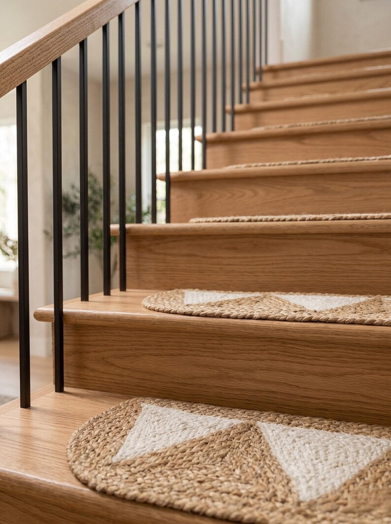 Handwoven Pearl White Pennant Triangle Jute Stair Rug Set