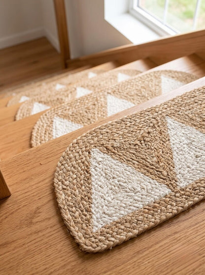 Handwoven Pearl White Pennant Triangle Jute Stair Rug Set