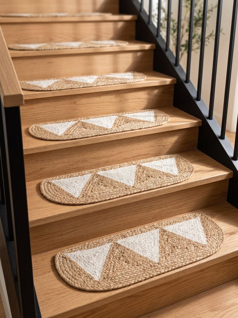 Handwoven Pearl White Pennant Triangle Jute Stair Rug Set