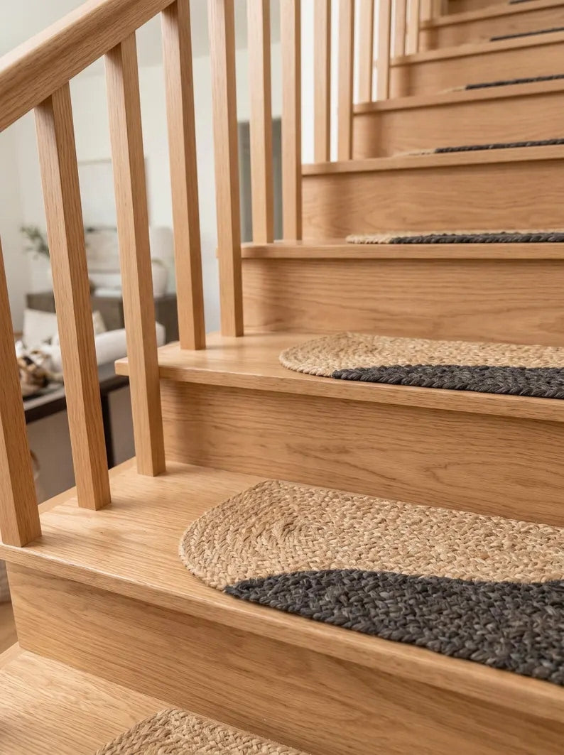 Jute Stair Treads, Oval Braided Mats with Graphite or Off White