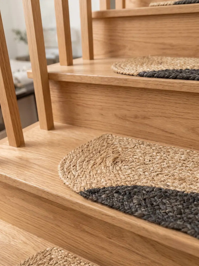 Jute Stair Treads, Oval Braided Mats with Graphite or Off White