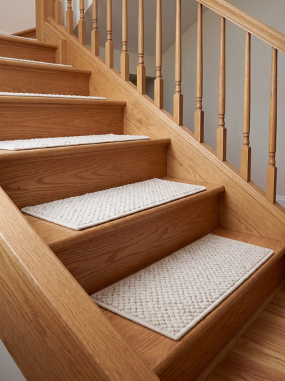 Handwoven Wool Stair Treads, Cream Pebble Loop Step Mats with Non-Slip Rug Pads