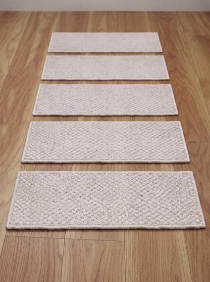 Handwoven Wool Stair Treads, Cream Pebble Loop Step Mats with Non-Slip Rug Pads
