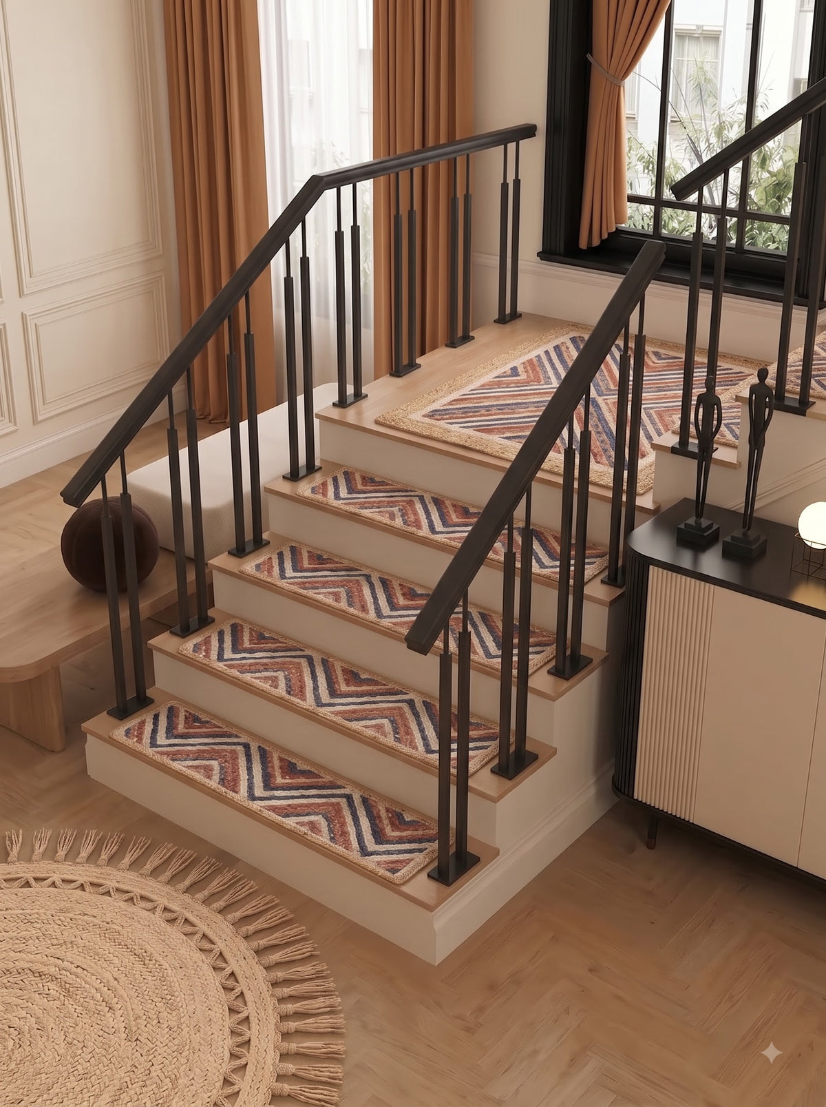 Hand Braided Jute Stair Treads Multicolor Boho Recycled Cotton Rugs