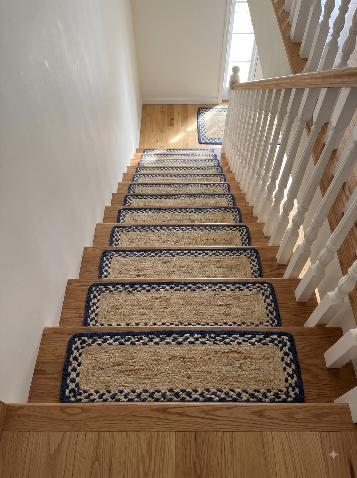 Braided Jute Stair Treads Blue Border Natural Beige Rustic Step Mats