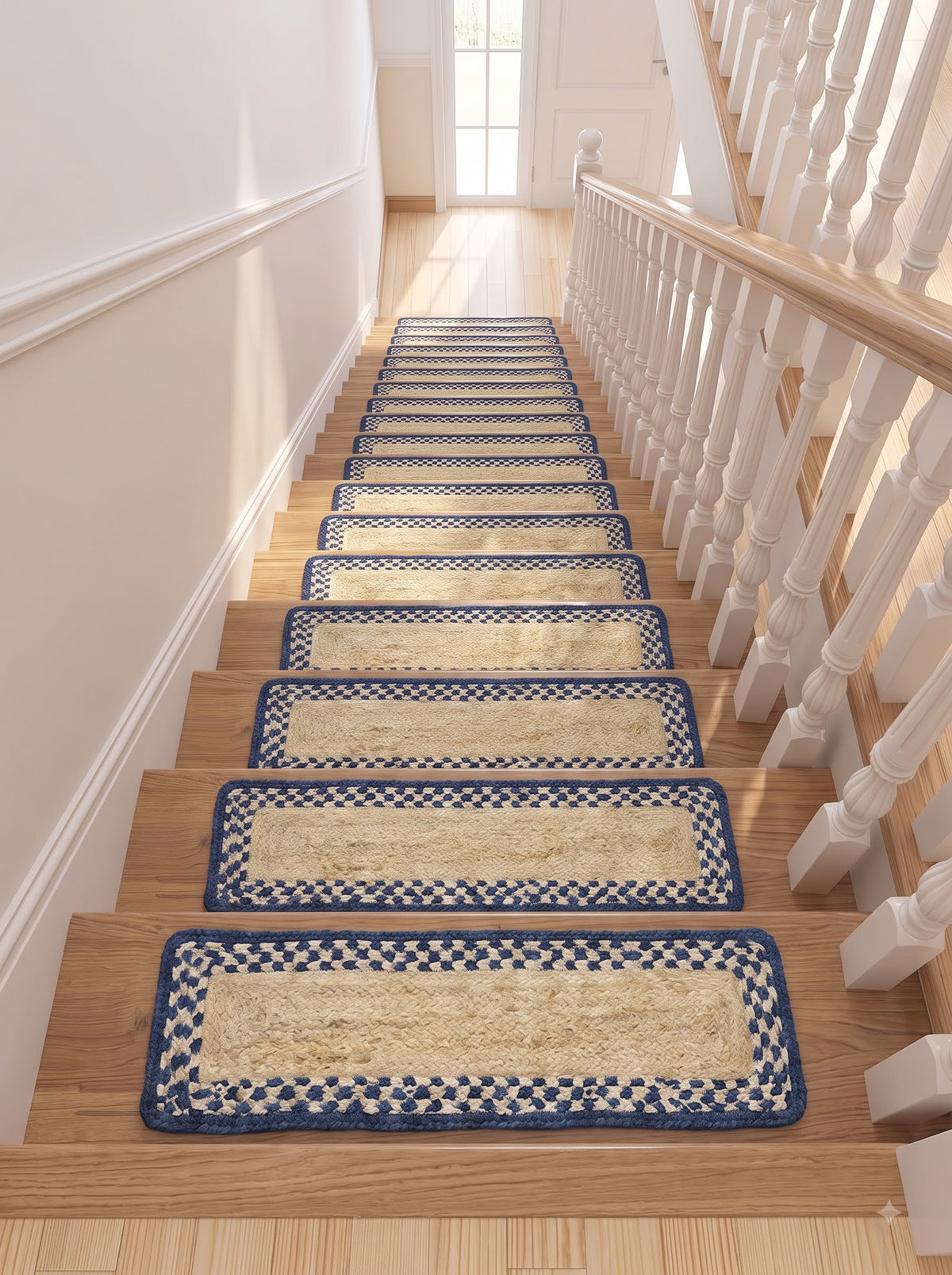 Braided Jute Stair Treads Blue Border Natural Beige Rustic Step Mats