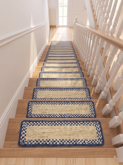 Braided Jute Stair Treads Blue Border Natural Beige Rustic Step Mats