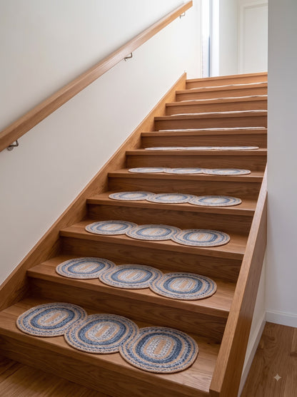 Hand-Braided Powder Blue Oval Jute Seaside Decor Stair Set