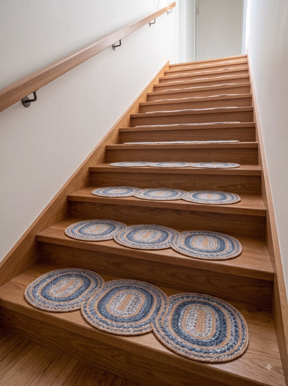 Hand-Braided Powder Blue Oval Jute Seaside Decor Stair Set