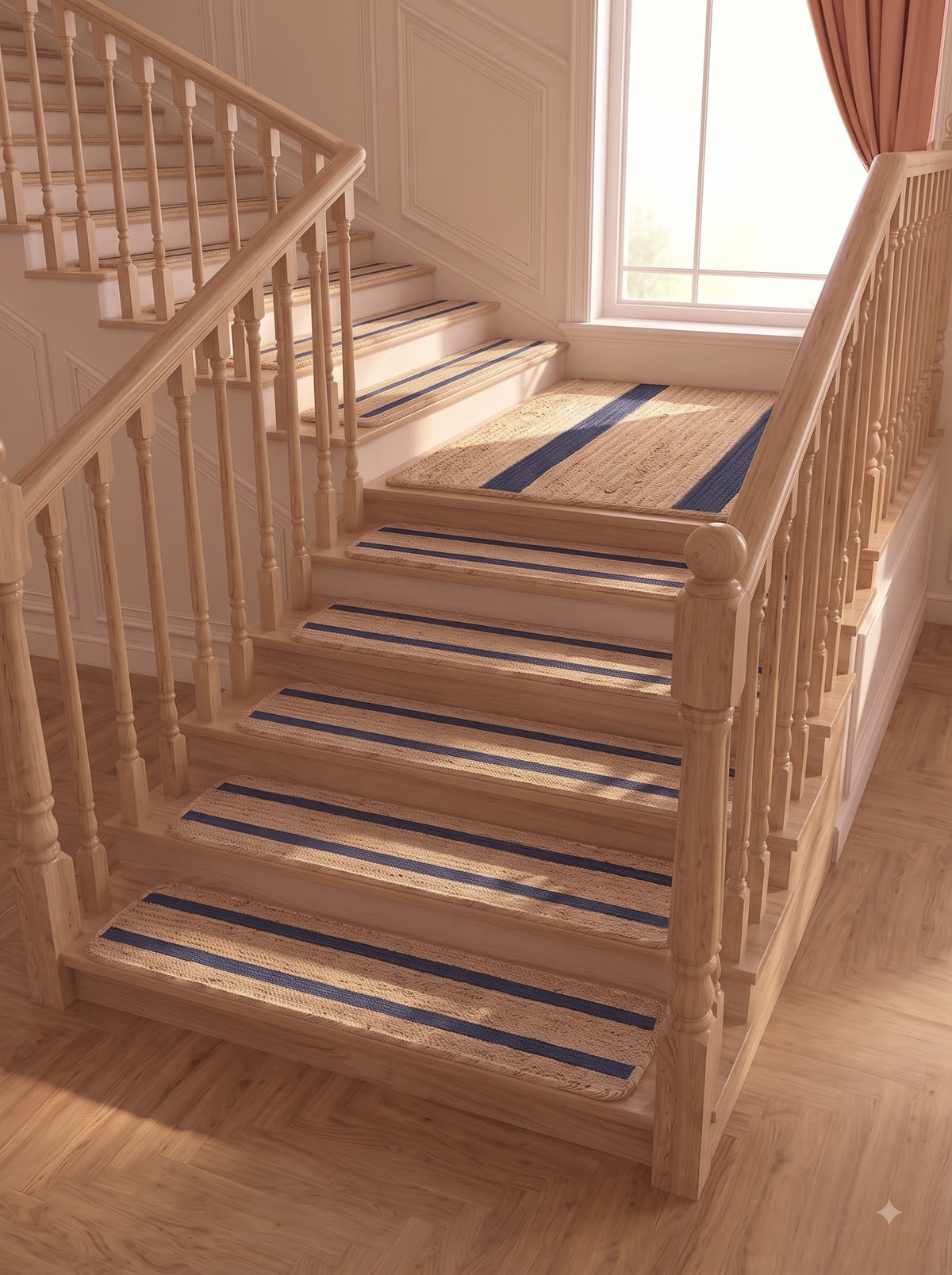 Handwoven Preppy New England Oxford Blue Striped Jute Stair Treads Set