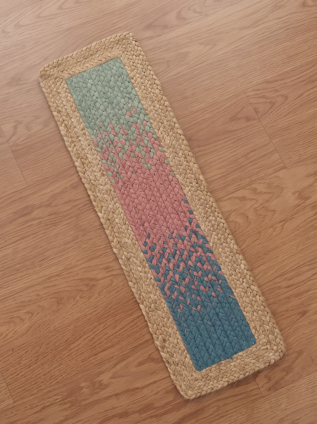 Handmade Braided Stair Treads, Sea Glass Rose Peacock Gradient Watercolor Fade Mats (Jute Border)
