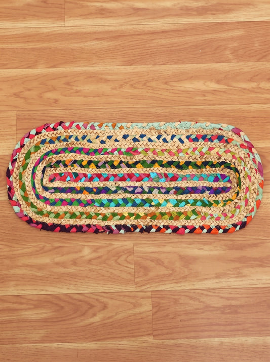 Braided Jute Step Mats, Colorful Chindi Cotton Oval Stair Rugs