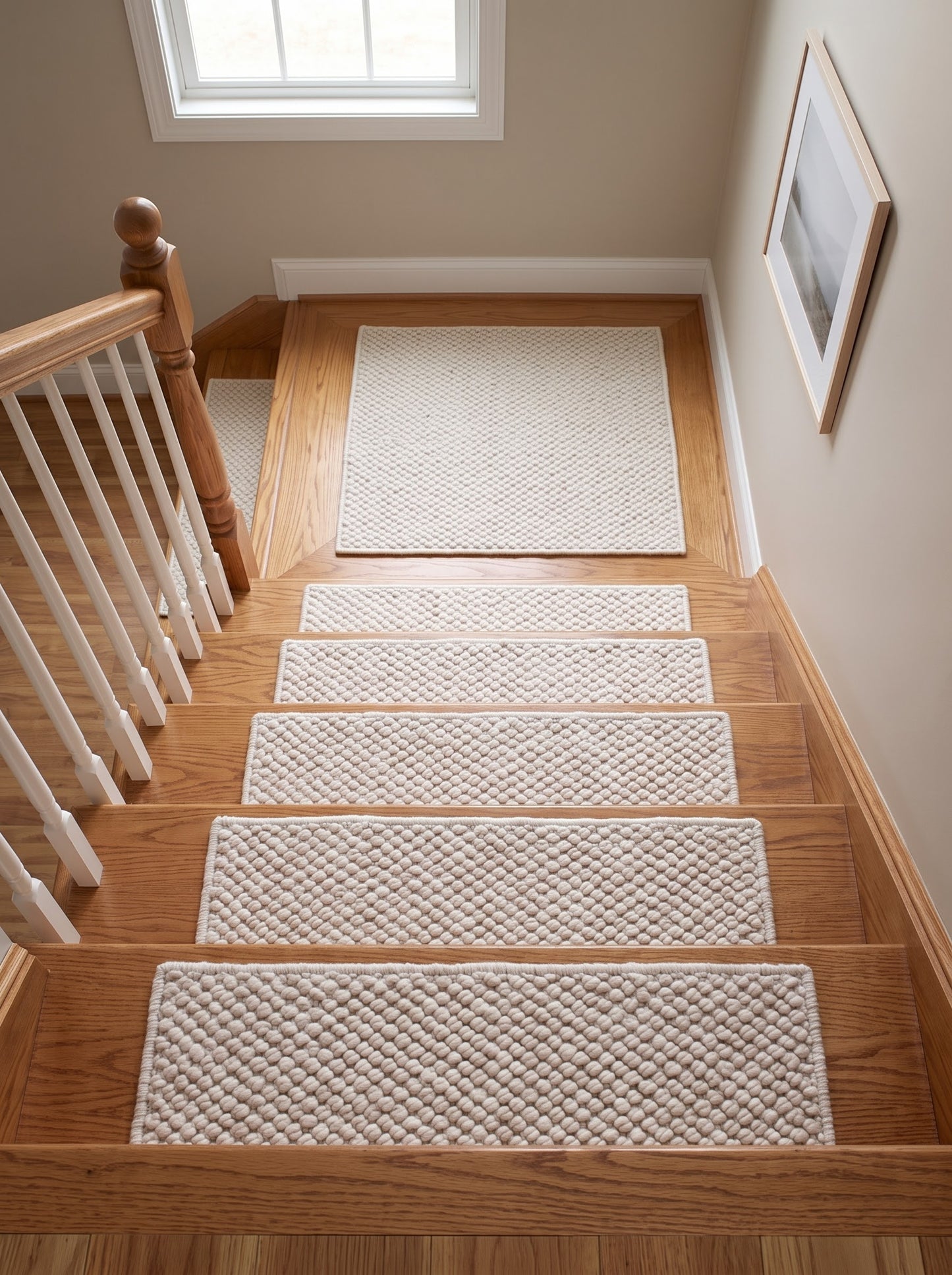 Handwoven Wool Stair Treads, Cream Pebble Loop Step Mats with Non-Slip Rug Pads