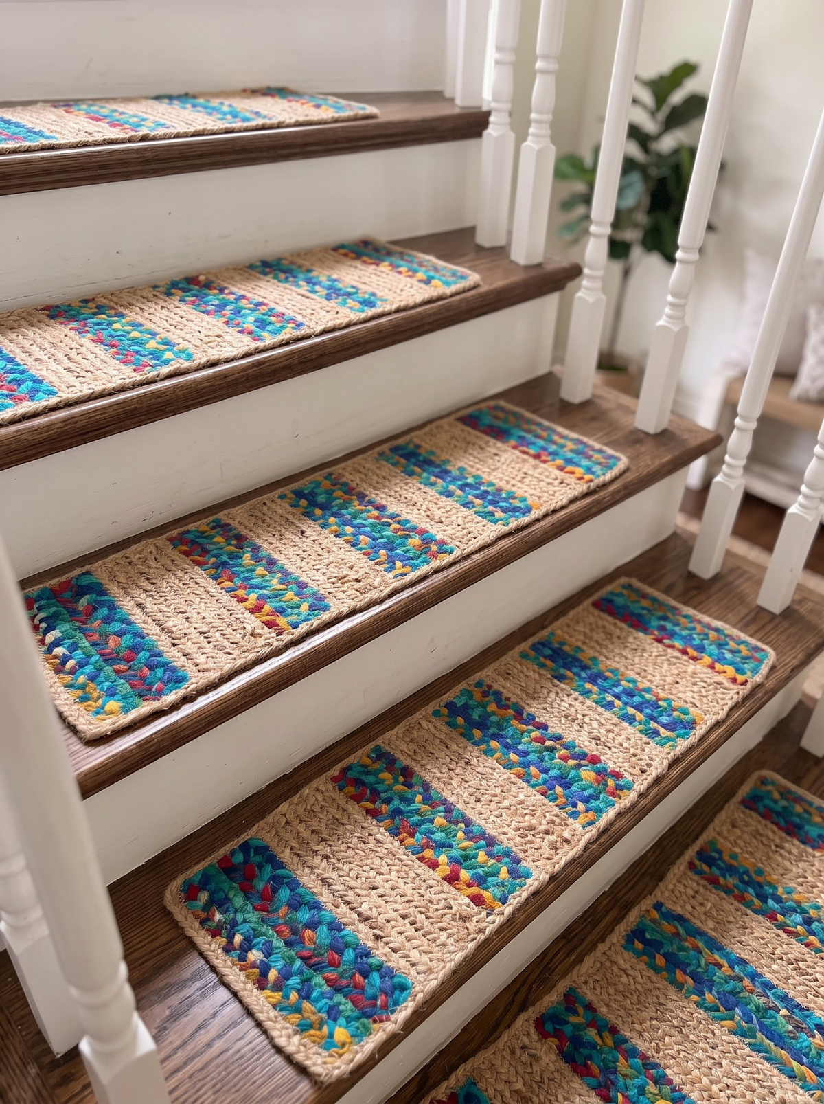 Turquoise Inlay Handwoven Stair Tread Mats, Boho Staircase Step Decor (Set)